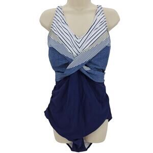 Zando Womans size XXL Twist Front Rushed One Piece Swimsuit Blue Stripe NWOT